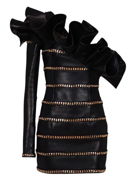 Rochie mini Balmain din piele asimetrică negru