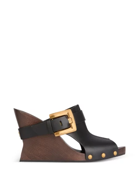 Papuci tip mules Balmain din piele cu pană negru