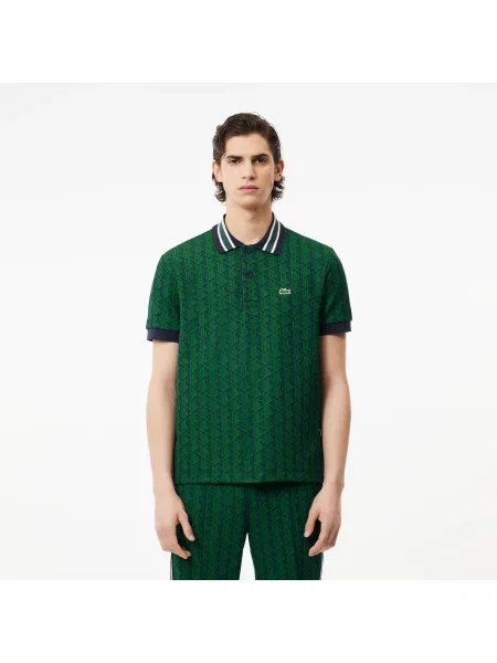 Lacoste Koszulka Polo Classic Fit Z Kołnierzykiem Kontrastowym I Motywem Monogramu zielona