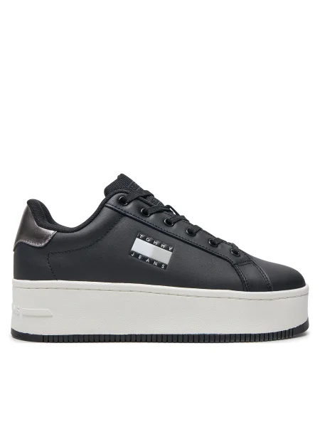 Кожени маратонки Tommy Jeans TJW FLATFORM SNEAKER METALLIC черно