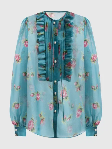 Шовковий лонгслів Valentino в квіточку з принтом блакитний