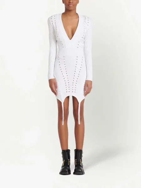 Šněrovací pletené oblekové šaty Balmain bílé