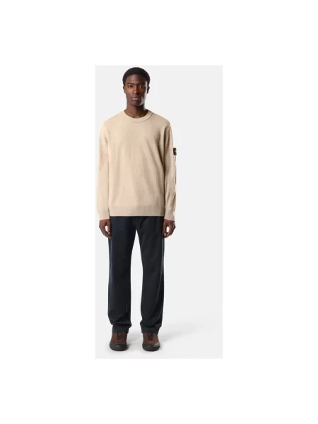 Sweter Stone Island wełniany z okrągłym dekoltem z kamieniami beżowy