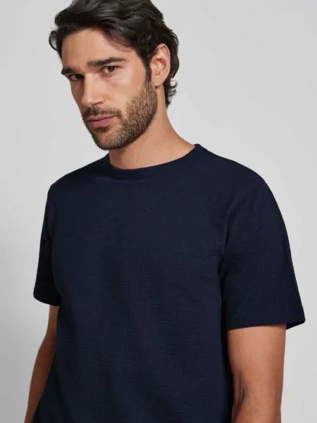 T-shirt z prążkowanym okrągłym dekoltem model ‘SANDER’ Selected Homme granatowa