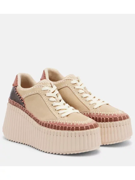 Sneakerși Chloé Nama din piele de căprioară cu platformă bej