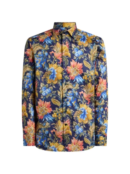 Cămașă Etro din satin cu model floral albastru