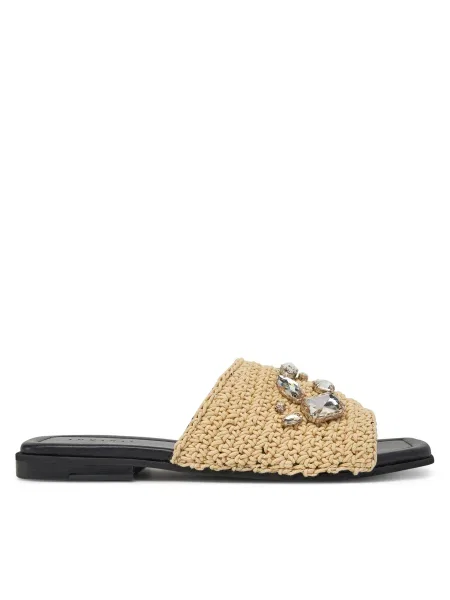 Șlapi Inuikii cu strasuri din piele bej