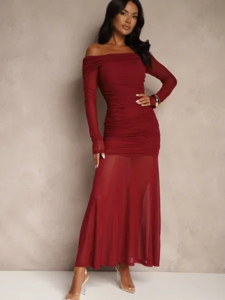 Koktajlowa Sukienka z Prześwitującymi Rękawami i Marszczeniem Haludea bordowa