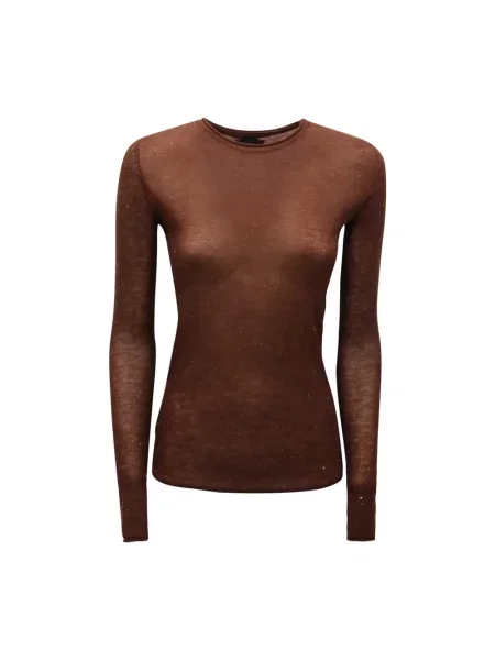 Sweter Pinko wełniany z długim rękawem z cekinami brązowy