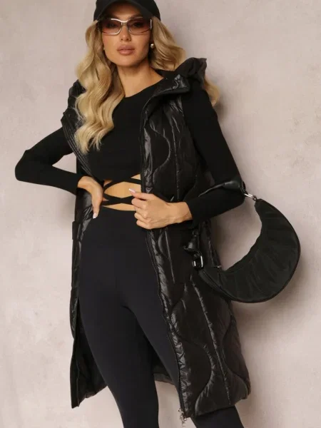 Vestă Lungă cu Incastrate și Glugă Manzella neagră