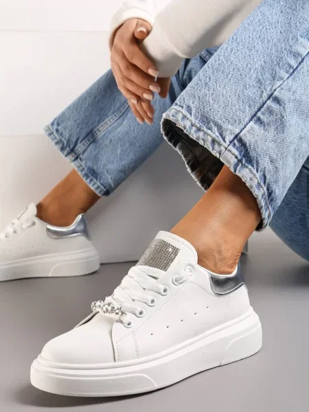 Sneakers Alb-Argintii cu Pietre pe Limbă și Aplicație Bijuterie Detașabilă pe șireturi Coletti alb