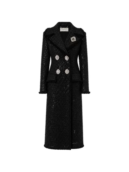 Lung palton Philipp Plein din tweed negru