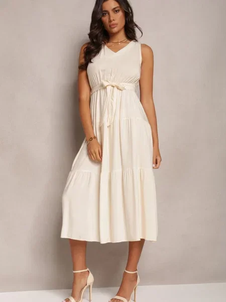 Wiązana Sukienka Midi bez Rękawów z Gumką w Talii Mideyo beżowa