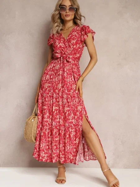 Rochie evazată cu în talie și volan Samat roșie