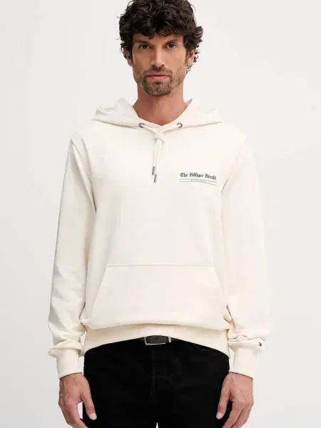 Bombažen pulover Tommy Hilfiger s kapuco bež
