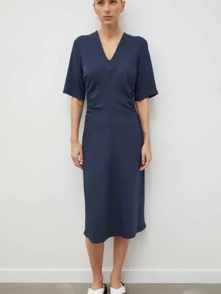 Rochie midi Samsøe Samsøe cu decolteu în V până la genunchi de costum albastru