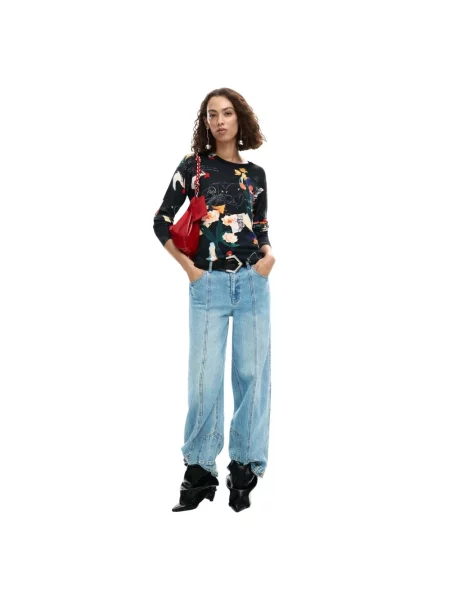 Lniany sweter Desigual z nadrukiem z długim rękawem czarny