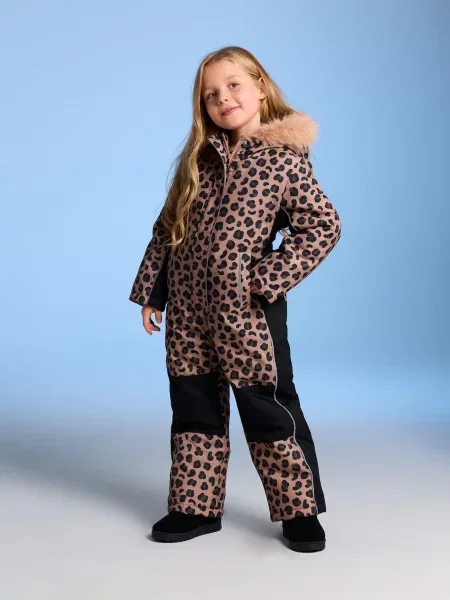 Sinsay Zateplená zimní kombinéza s kapucí a leopardím vzorem béžová