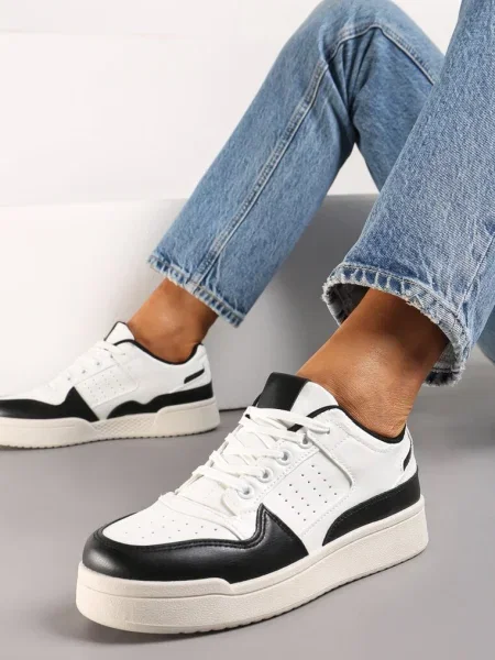 Sneakerși Negru-Alb cu Șiret din Piele Ecologică pe Talpă Groasă cu Petice Decorative Anaviria alb