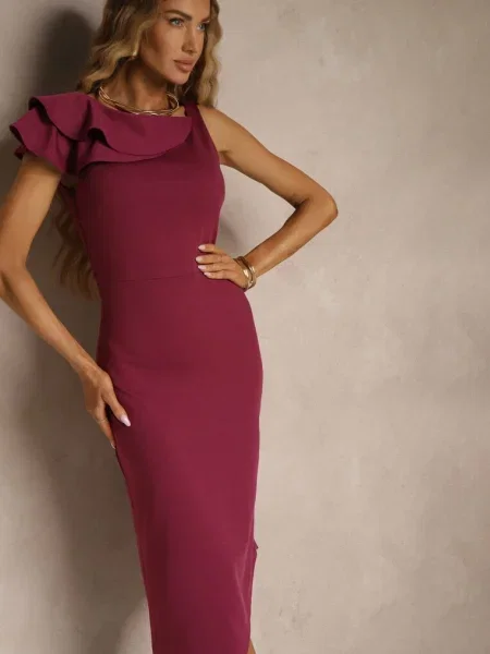 Asymetryczna Sukienka Vices Koktajlowa Ozdobiona Falbanką Zivorin fioletowa