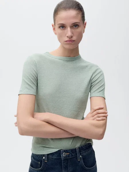 Лляна Футболка MANGO світло-зелений зелена