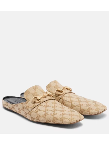 Papuci tip mules Gucci din canvas bej