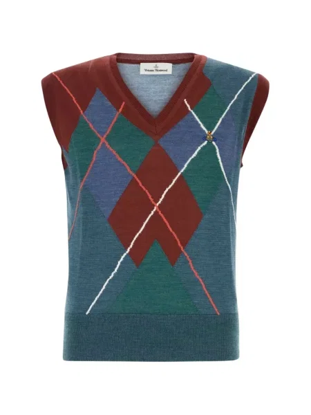 Pulover Vivienne Westwood cu broderie cu model argyle albastru