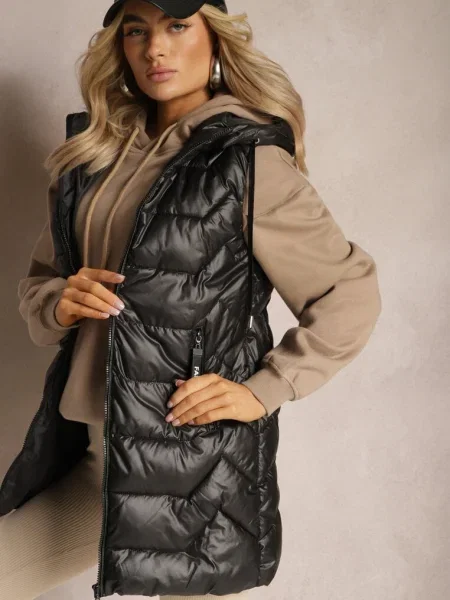 Vestă lungă matlasată cu glugă detașabilă Raelliana neagră
