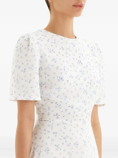 Rochie midi Post Meridiem cu model floral până la genunchi de costum alb