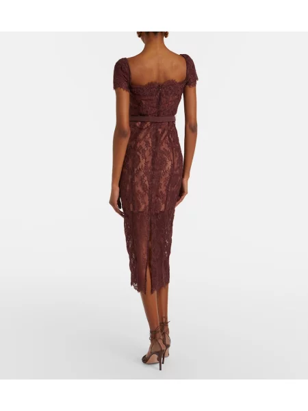 Cu centură rochie midi Self-portrait cu model floral din dantelă maro