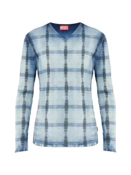 Tricou Diesel în carouri cu decolteu în V albastru