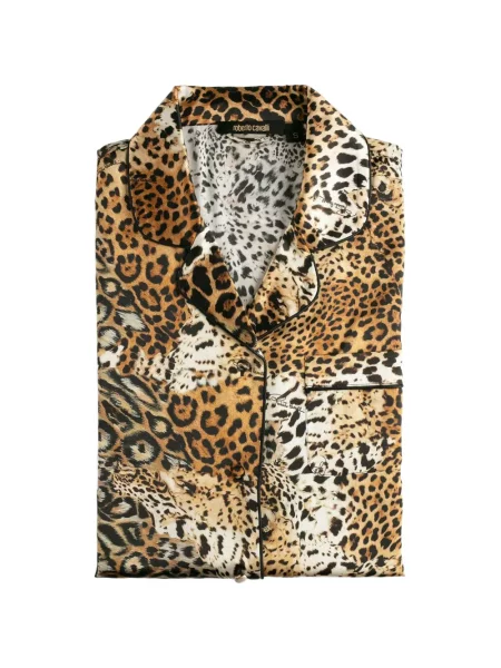 Pijamale Roberto Cavalli Home de mătase cu imagine cu model leopard maro