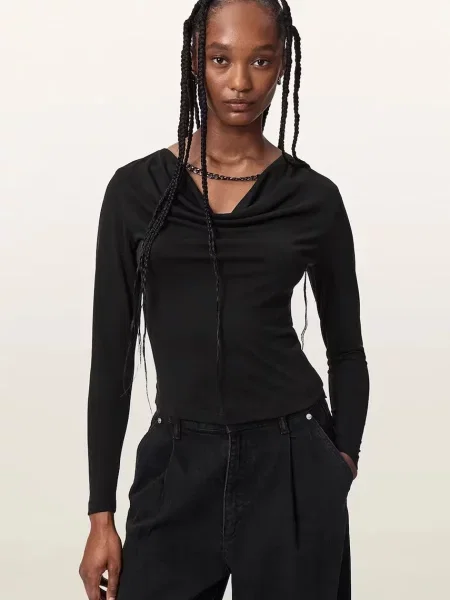 AllSaints longsleeve pentru femei cu vâscoză HALLIE LS TOP negru
