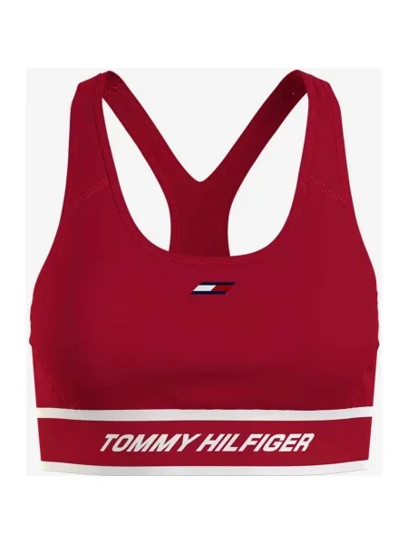 Biustonosz Tommy Hilfiger Sport Tape Logo Mid Intensity w intensywnym czerwono-białym kolorze M czerwony