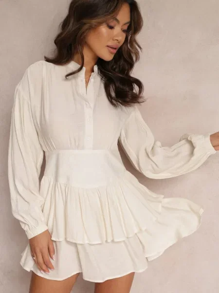 Rozkloszowana Sukienka Mini z Falbankami i Stójką Iciana beżowa