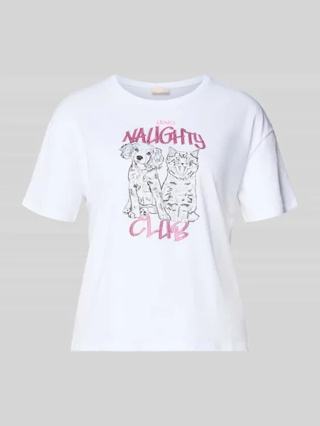 T-shirt o kroju regular fit z czystej bawełny z obszyciem kamieniami stras Liu Jo White biała