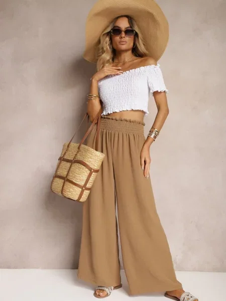 Spodnie High Waist z Szerokimi Nogawkami i Gumką w Pasie Risabessa brązowe