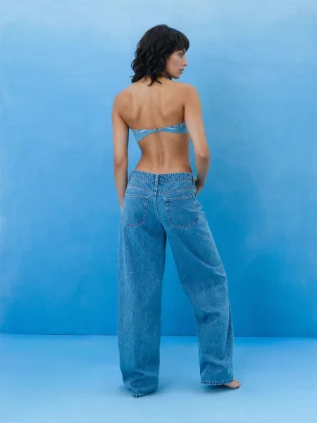 Джинси wide leg із середньою талією та декоративними рядками синій