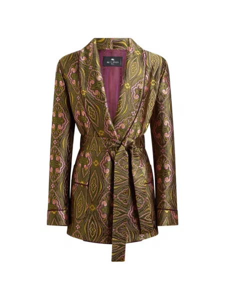 Cu centură geacă Etro cu model floral din jacard verde