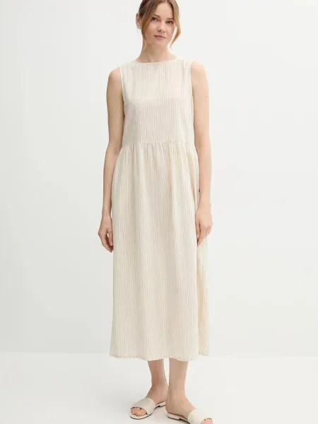 United Colors of Benetton sukienka z domieszką lnu maxi rozkloszowana beżowy