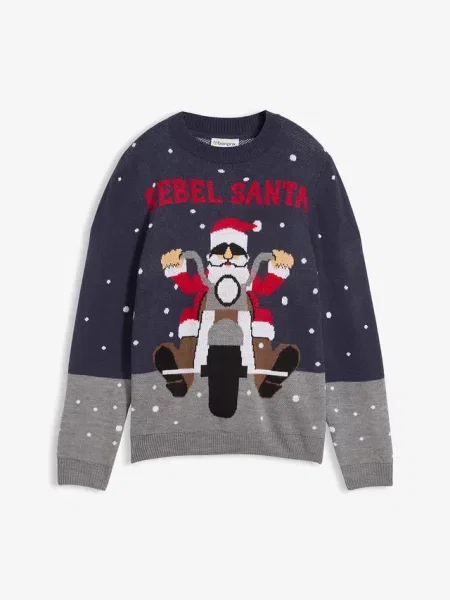 Sweter z cienkiej dzianiny z motywem bożonarodzeniowym niebieski