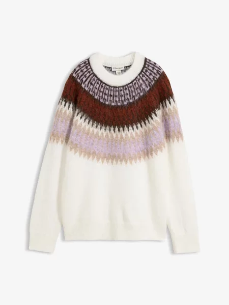 Sweter w norweski wzór z okrągłym dekoltem biały