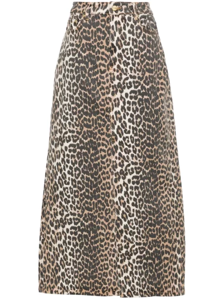 Fustă din denim Ganni cu imagine cu model leopard până la genunchi