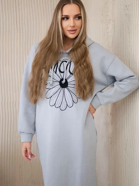 Haftowana długa sukienka maxi Kesi ocieplana szara