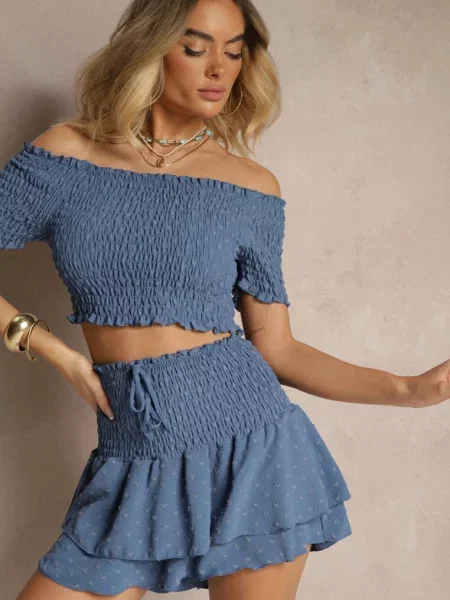 Komplet Top Hiszpanka i Spódnico-Spodenki z Falbanami oraz Gumką Rinaria niebieski