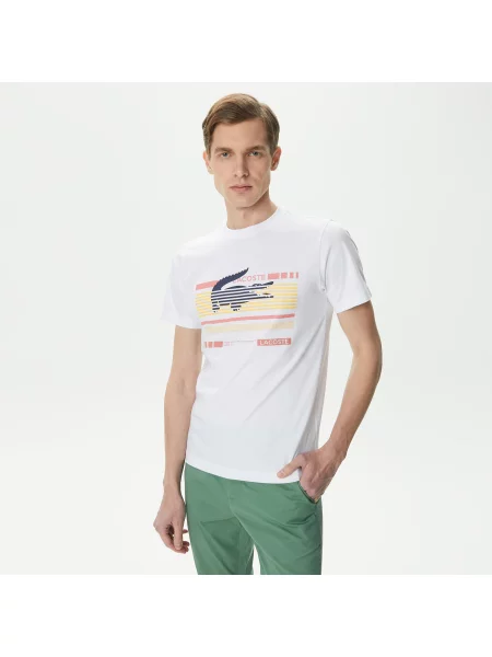 Lacoste Koszulka Slim Fit Z Okrągłym Dekoltem I Nadrukiem biały