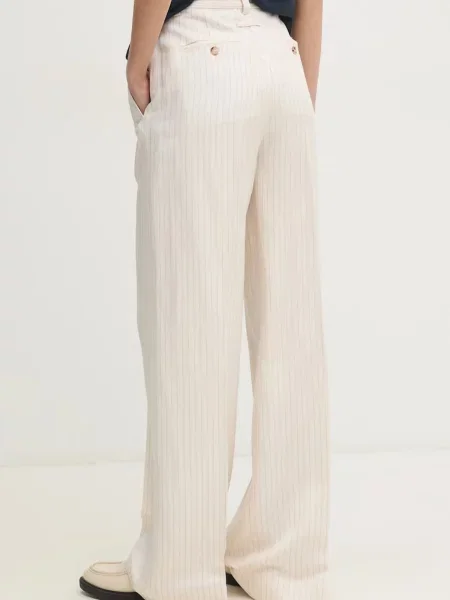 Kalhoty s příměsí lnu Tommy Hilfiger high waist béžová