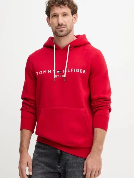 Суичър с качулка Tommy Hilfiger с качулка с апликация червено