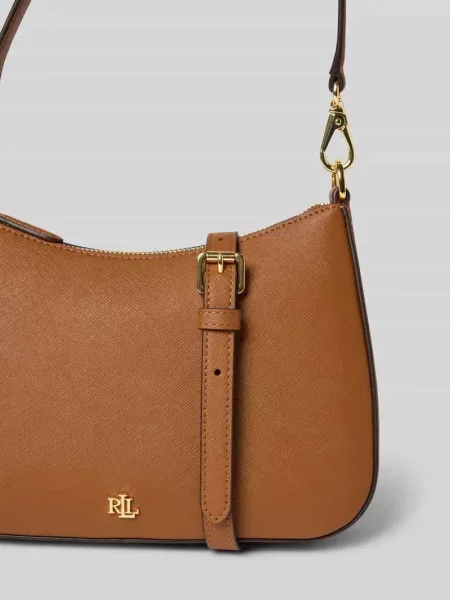 Torebka ze skóry bydlęcej z aplikacją z logo Lauren Ralph Lauren brązowa