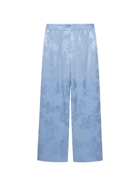 Pantaloni Shanghai Tang cu model floral din jacard evazate albastru